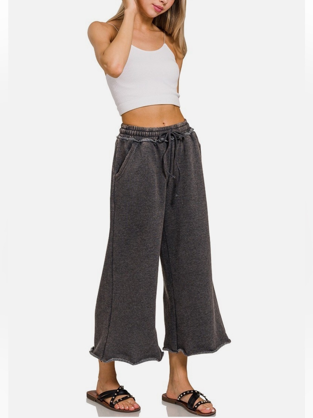 Zenana Acid Wash Fleece Wide Leg Pants